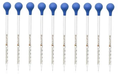 10Pk 2ml Glass Graduated Dropper Pipettes Lab Dropper w/ Red Rubber Cap & Scale