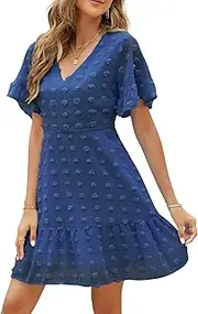 [ROYLAMP] Women's Cute Swiss Dot Dress V-Neck Ruffle Short Sleeve Summer Casual Flowy Shift Mini Dresses