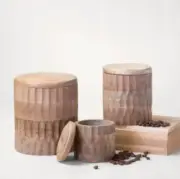 NEW! Set of 3 Hand Carved Decorative Nesting Wood Canisters Rustic Style Natural