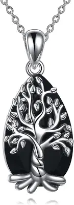 Tree of Life Necklace Sterling Silver Black Obsidian Necklace Tourmaline Crystal