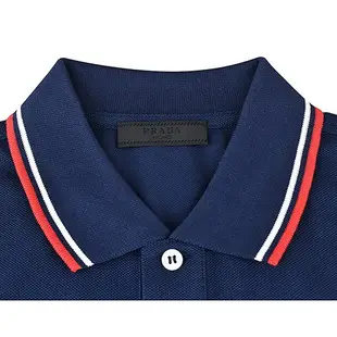 PRADA黑白橡膠LOGO紅白條紋設計純棉短袖POLO衫(S/M/L/墨藍)