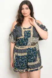 Womens Plus Size Blue Floral Romper 1XL Cold Shoulder