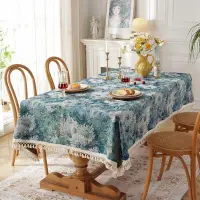在飛比找Yahoo!奇摩拍賣優惠-桌巾復古滌棉色織提花油畫藍色雛菊交叉流蘇桌布長方形茶幾臺布餐