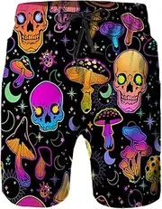 [Daozundi] Mens Swim Trunks with Mesh Lining,Quick Dry Swimsuit Board Shorts Beach Pants Swimwear Bathing Suits, Mushrooms and Skulls, Medium