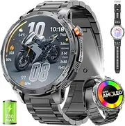 Military Smart Watch for Men 1.75" HD AMOLED Display 730mAh Battery Smart Watches with LED Flashlight for Android iOS（Bluetooth Call Answer/Dial Calls） Fitness Tracker Black Steel Strip