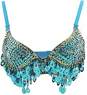 [CurcKua] Belly Dancer Bra, Glitter Sparkle Belly Dancer Top with Paillettes, Beads and Rhinestones, Adjustable Blue Top for Dancing, Costumes, Music Festivals Costumes for Women