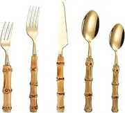 5-Piece Silver Bamboo Cutlery Set - Reusable Fork Knife Spoon with Natural Handle, Eco-Friendly Western Dining Utensils for Home