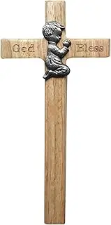 Wooden Cross - Praying Boy Kneeling Baptism Birthday Baby Shower Chalkboard Decoration for First Communion Wall Customized Crucifix Catholic Crosses and Dedication Godfather Ornament