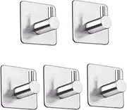 LOOGI Adhesive Hooks, Door Hooks Heavy Duty Towel Hooks Stick on Wall Waterproof Stainless Steel Robe Hanger for Hanging Bathroom Kitchen Home 5 Pack