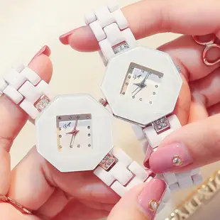 韓版陶瓷女表正品白色防水時尚石英錶方形簡約水鑽女學生鑲鑽女士