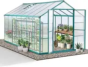 Augaden Walk-in Aluminium Greenhouse, 8cm foundation for outdoor garden, Polycarbonate Hobby Green House with Vent Window, Lockable Door, Rain Gutter for Backyard, Heavy Duty, 421*250*226, 10m², Green