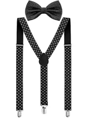 Suspender and Bow Tie Set 80s Clip on Suspenders for Men Black With White Dots