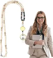 [Generic] ID Badge Holder, Retractable Lanyard for Keys | Women Cute Teacher Lanyard with ID Holder,Wooden Beaded Lanyard Necklace Retractable Lanyard for Id Badge Holder