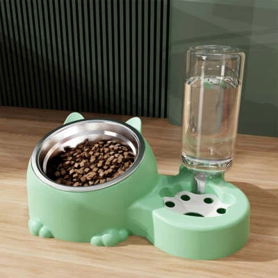 Elevated Cat Double Bowls Stainless Steel Inclined Food Bowl Water Bowl with Aut