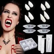 Creatwo Vampire Teeth Fake Fangs with Custom Enhanced Denture Beads, 4 Pairs, 4 Sizes, Realistic Vampire Fangs for Adult Halloween Cosplay Accessories Gift
