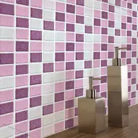 在飛比找蝦皮購物優惠-小黃花 18Pcs 防油粉紅色馬賽克自粘瓷磚牆貼廚房浴室裝飾