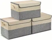 3 Pack Foldable Storage Box with Lids and Handles Linen Baskets Clothing Organiz