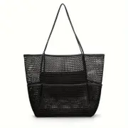 GGP Black Breathable Mesh Beach Tote Bag Large Capacity Sand Free Bag With Zipper Pocket & Multi Purpose Storage