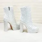 Fame Platform Chunky Block Heel Rhinestone Ankle Boots White Satin Brand New
