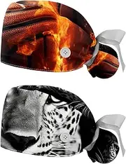 [YTYVAGT] 2-Pc,Nurse Scrub Caps,Scrub Hats with Buttons and Cotton Sweatband,Flame and Retro Basketball
