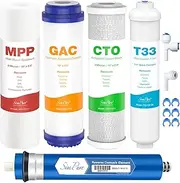 SimPure 5-Stage Reverse Osmosis Replacement Filter Set with 75 GPD RO Membrane, 5pc Pre & Post Replacement Cartridge Pack Kit for Standard 5-Stage Reverse Osmosis RO Systems