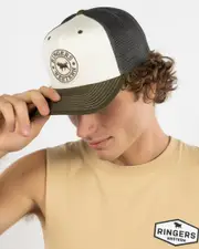 [Ringers Western] Ringers Western Men's Signature Bull Trucker Cap in Army/Off White One Size Army/Off White