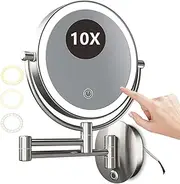 8'' Brushed Nickel LED Wall Mount Makeup Mirror with Magnification, Double Sided Adjustable Vanity Mirror with 3 Color Stepless Dimmable, Extendable Bathroom Shaving Cosmetic Mirror,Hard Wired,10X