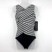 MiracleSuit Swimsuit Women's 14 Black White Stripe NWT Gilt Trip Brio Beachy
