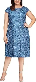 [Alex Evenings] Womens 4121570 Plus Size Tea Length Rosette Dress with Sequin Detail Cap Sleeve Mother of The Bride Dress - Blue