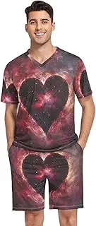 [GAIREG] Men's Pajama Set Short Sleeve V Neck 2 Pcs Sleepwear with Pockets S-XXL, Celestial Heart Shaped Eclipse, Medium