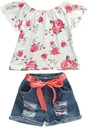 [Bmnmsl] Baby Toddler Girls Floral Short Sleeve Tops T-Shirt Vest & Denim Shorts Set Kids 1T 2T 3T 4T 5T 6T Clothes Summer Outfits