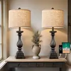 27" Farmhouse Table Lamp Set of 2 with USB A+C for Bedroom Living Room Vintag...