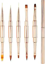 JERCLITY 5pcs Rose Gold Alloy Double-Ended Nail Art Brushes Set Nail Lace Brushes Round Flat Gel Builder Brush Nail Carving Pen Nail Liner Brush 3D Painting Brush Nail Design Tools for Acrylic Nails