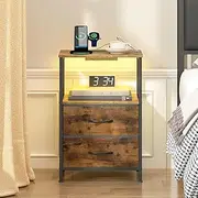 [ADVWIN] LED Bedside Table with Charging Station, Living Room Side Table with 2 Fabric Drawers & Storage Shelf, Nightstand with USB Ports & Outlets, Bedroom Rustic Brown
