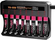 BOANV AA AAA Battery Charger, 8-Bay Smart Individual Charger USB High-Speed Charging for NiMH NiCD Rechargeable Batteries with USB Charging Cable - Black (YH-08B)