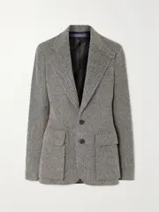 [Ralph Lauren Collection] Ralph Lauren Collection - Preston Leather-trimmed Herringbone Wool-blend Tweed Blazer - Gray - US12 US 12 Gray