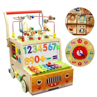 包郵 木製嬰幼兒寶寶學步車手推車兒童玩具多功能繞珠百寶箱積木