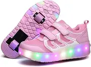 [Kimigia] Unisex Kids Boys Girls LED Trainer,LED Light-UP Roller Skates Shoes,7 Colors Light,USB Rechargeable,Double Wheels, Retractable/Lightweight Outdoor Sports Cross Shoes Gymnastic Running Sneakers, Pink