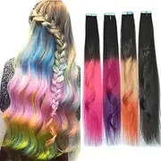 Remeehi 4Pcs 50Cm Ombre Long Straight Two Side Glue Tape Colorful Hair Piece Colors Human Hair Extension Black/Amaranth/Purple