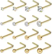[Ruifan] 20G 18G Surgical Steel 1.5mm-3mm Flat Ball Clear Diamond CZ Opal Heart Nose Stud Rings L Shaped Piercing Jewelry 16-24PCS