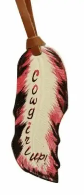 Cowgirl Up Pink/Black/White Hand Painted Leather Saddle Tie On Feather 5" x 2"