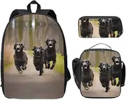 Trotting Flat Coated Retrievers Paw Backpacks With Lunch Pack Pencil Case, Lightweight Bookbag For Camping Excursions, Black, One Size, Art Deco