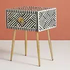 Geometric Pattern Side Table with Drawer, Black and White Design, Gold Metal Leg
