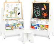 INFANS Easel for Kids with Stool, 4-in-1 Double-Sided Adjustable Magnetic Chalkboard with Paper Roll, Bookshelves, Wheels, Wooden Standing Painting Drawing Art Board for Boys Girls (White)