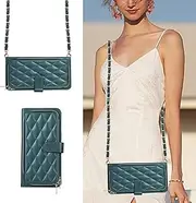SLLMYYX Wallet Case Compatible with iPhone 12 Mini, Crossbody Chain Strap 9 Card Slots Zipper Pouch Flip Phone Case with Wrist Strap Handbag Purse (Green)