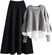 [Jegsnoe] Women Slim Fake Two-Piece Knitted Set Spring Autumn Crewneck Sweater + A-Line Skirt Set