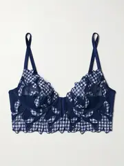 [FLEUR DU MAL] FLEUR DU MAL - Lily Embroidered Silk-blend Satin Tulle Underwired Soft-cup Bra - Blue - 32C 32 C Blue
