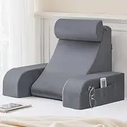 Reading Pillow for Sitting in Bed Adult,Back Pillow for Sitting Up,Backrest Support Pillow with Arm Rest,Bed Chair Pillow with Big Pockets for Watching TV/Reading/Playing/Resting, Gray