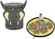 Foldable Toy Storage Basket with Play Mat, Children Toy Organizer with Anti Dust Lid, Portable Cartoon Drawstring Toy Storage Bucket, Quick Cleanup Container for Store Children's Toys (Elephant)