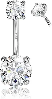 [Morfetto] 14G Surgical Steel G23 Titanium Sterling Silver 14K Gold Belly Button Rings for Women Round Zirconia Navel Barbell Stud Earrings Hypoallergenic Piercing Jewellery, Titanium